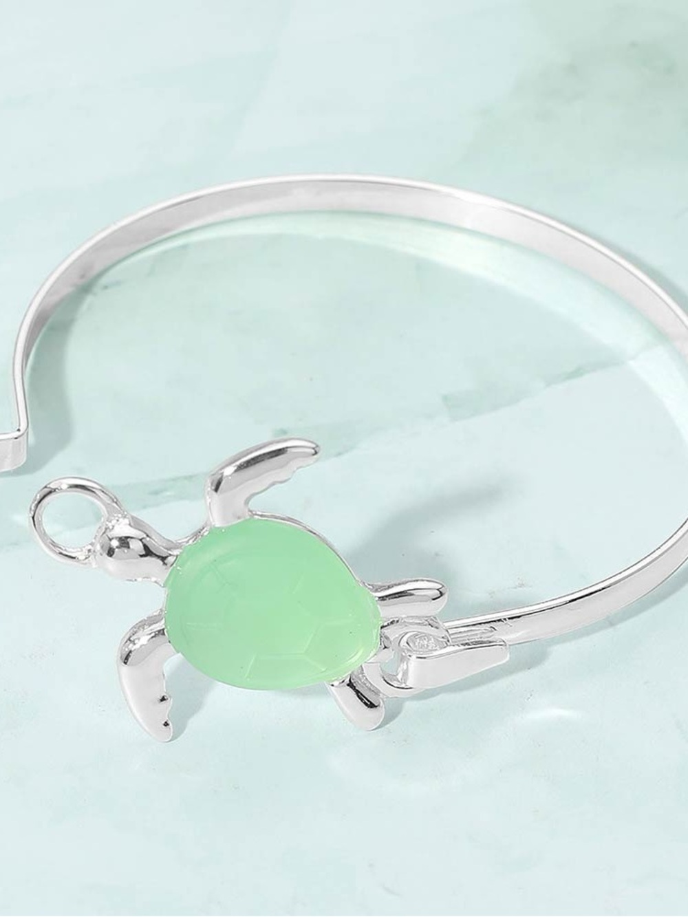 Turtle Charm Silver Bangle Bracelet with Mint Green Shell